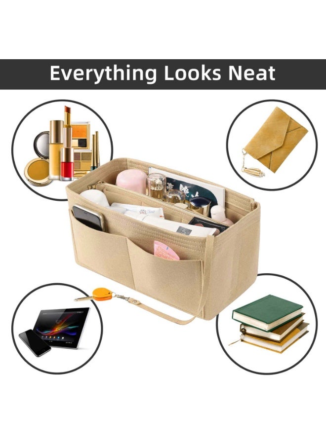 FAYET Large Felt Purse Organizer Insert with Zipper, Multi-Compartment Handbag Makeup Organizer, Travel Toiletry Storage Bag for Women - Image 4